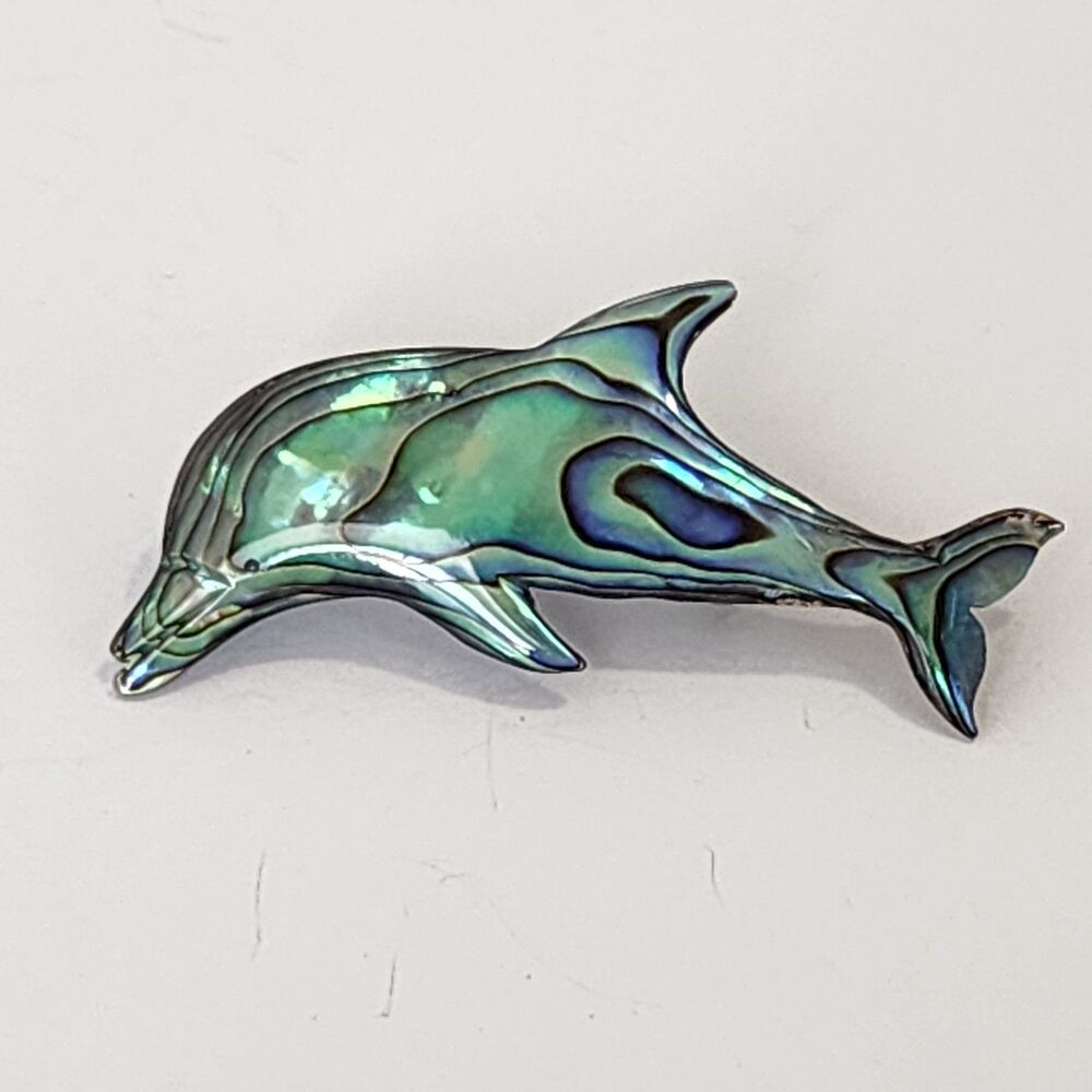 Carved Paua Abalone Shell Dolphin Brooch Pin REI Jewelery LTD RARE New Zealand
